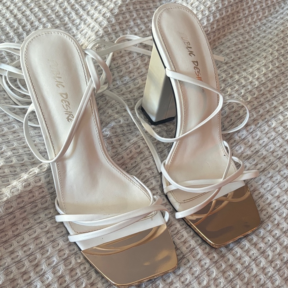 Public Desire White and Gold Strappy Heels